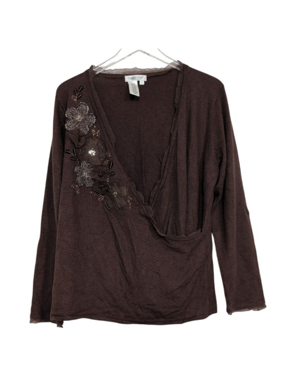 Coldwater Creek Applique Floral Shirt Womens Size Large Brown Faux Wrap